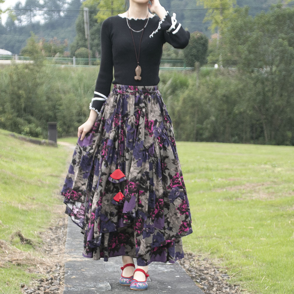 Falda estampada de algodón y lino de mujer de estilo étnico