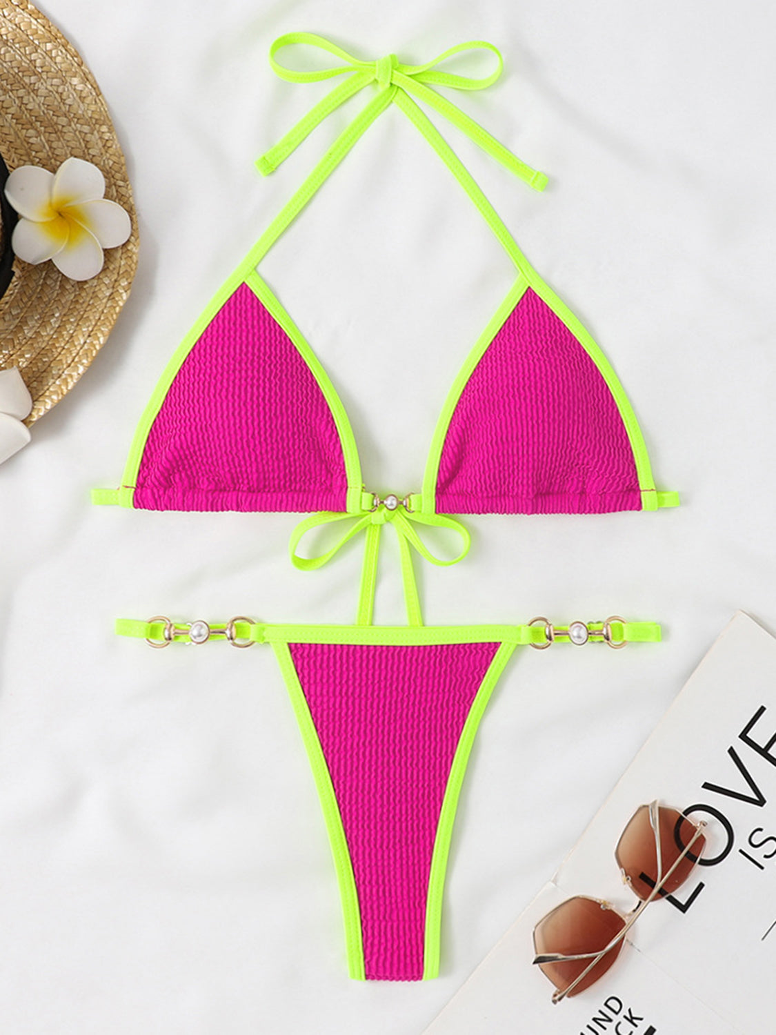 Ensemble de bikini deux pièces à col licou contrasté texturé