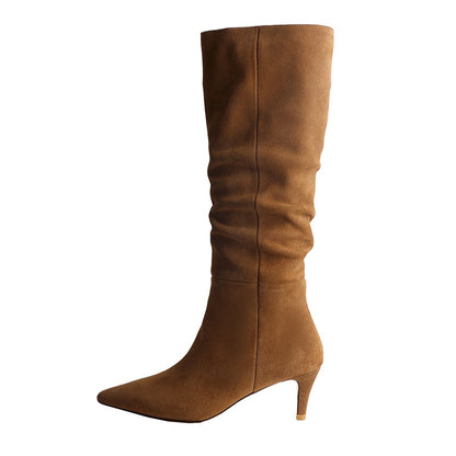 French Suede Boots Women's Brown Stiletto Heel