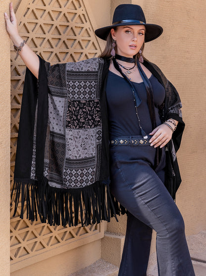 Plus Size Printed Fringe Open Front Outerwear