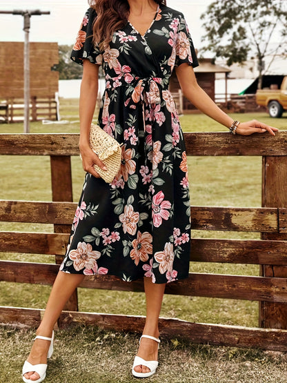 Robe à manches courtes avec surplis floral noué