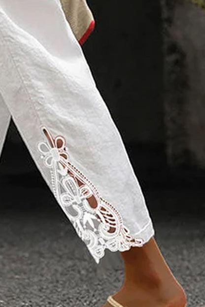 White Lace Splicing Drawstring Casual Cotton Pants