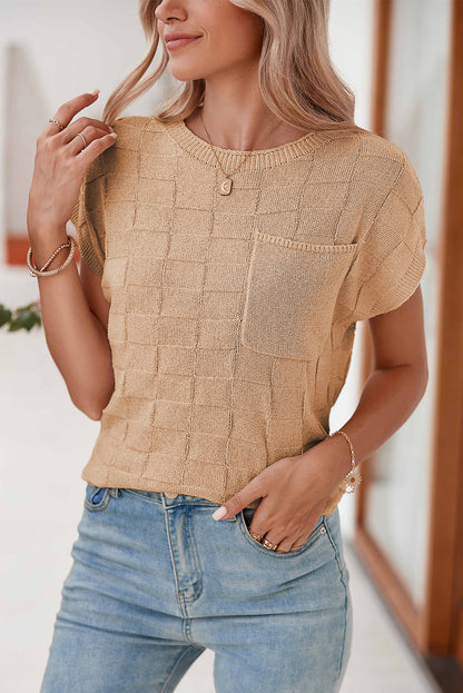 Blusa holgada con bolsillo en el pecho de punto con textura de celosía rosa brillante