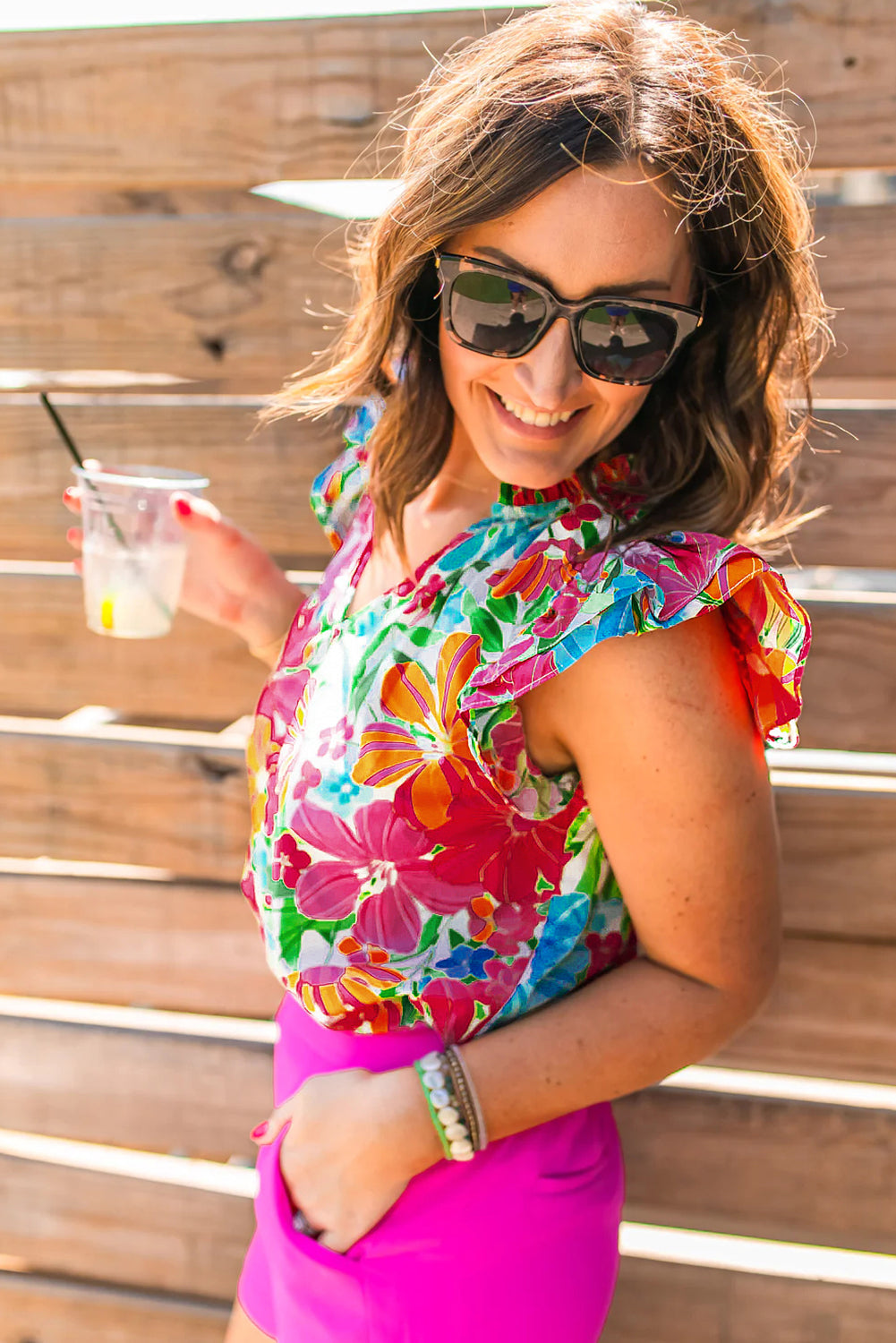 Multicolor Floral Print V Neck Ruffle Shoulder Blouse