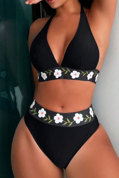 Traje de baño bikini halter con banda floral negro