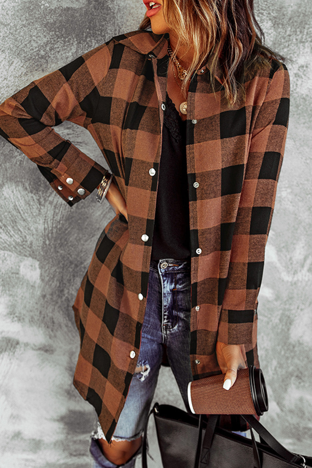 Green Turn-down Collar Plaid Shirt Coat