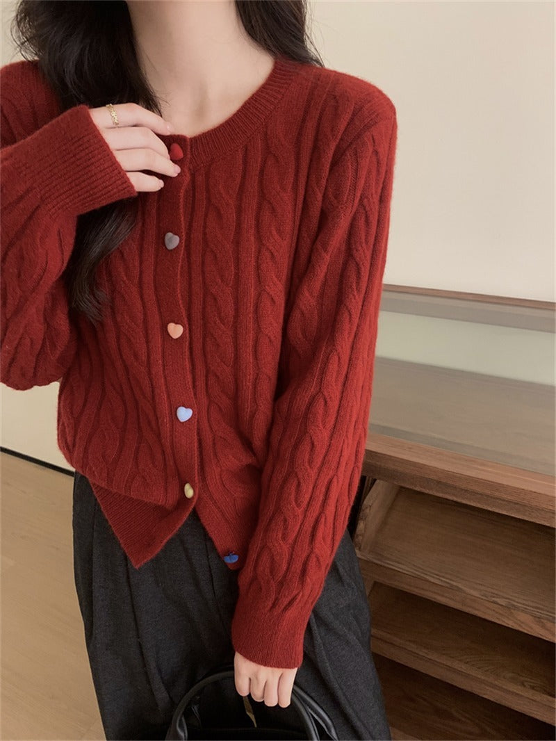 Gentle Color Heart Buckle Cable-knit Sweater Coat For Women