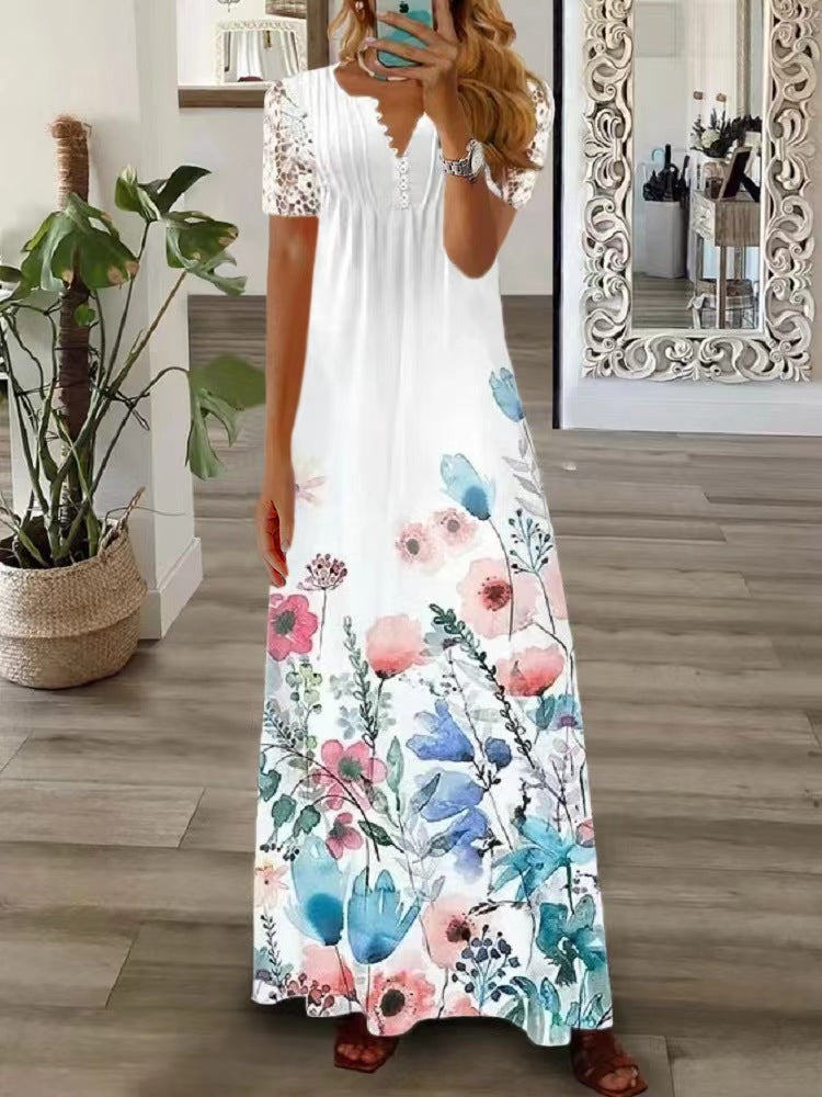 Robe longue élégante en dentelle imprimée à bretelles, vêtements pour femmes, nouvelle collection printemps