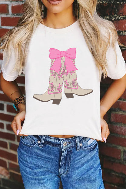 White Casual Boots Bow Graphic Round Neck T Shirt