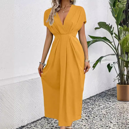 Robe longue de couleur unie, manches à épaules en V profondes, taille élastique pliante