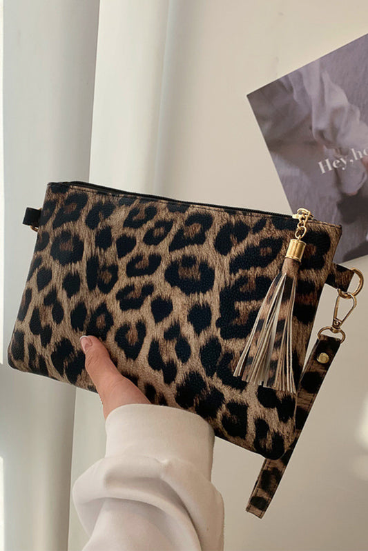 Cartera con cremallera y correa para la muñeca con estampado de leopardo castaño