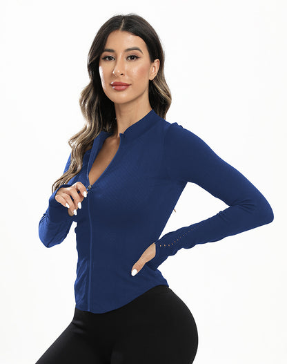 Manteau de vêtements de Yoga pour femmes, col rond, manches longues, fermeture éclair, sport, Fitness