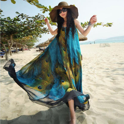 Women's Bohemian Feather Printed Chiffon Dress