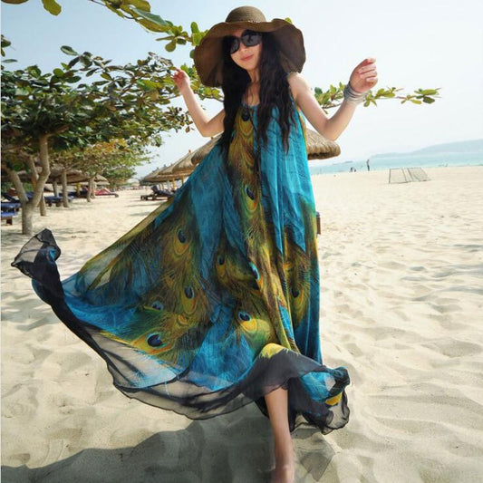 Women's Bohemian Feather Printed Chiffon Dress