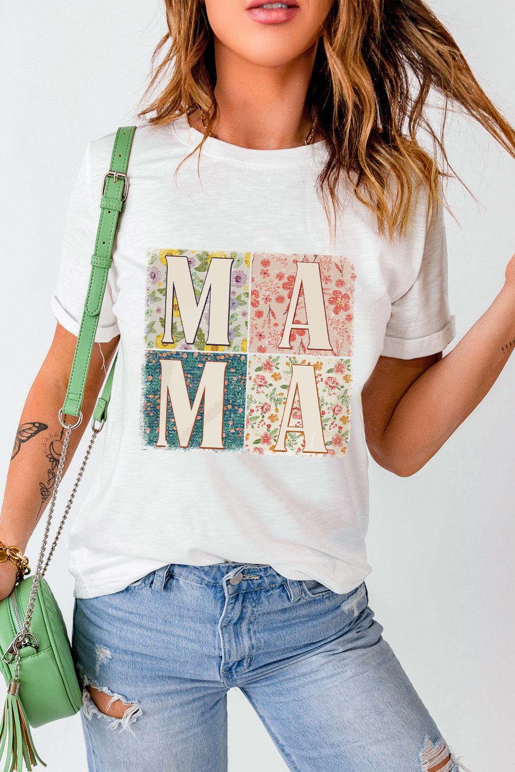 White MAMA Floral Block Graphic Crewneck T Shirt