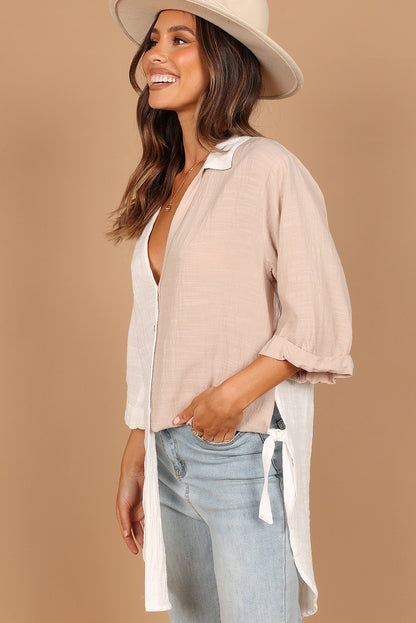 White V Neck Collared Curved Hem Contrast Colorblock Shirt