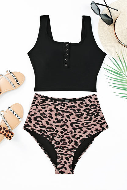 Conjunto de tankini con estampado de moda sin mangas con cuello cuadrado negro