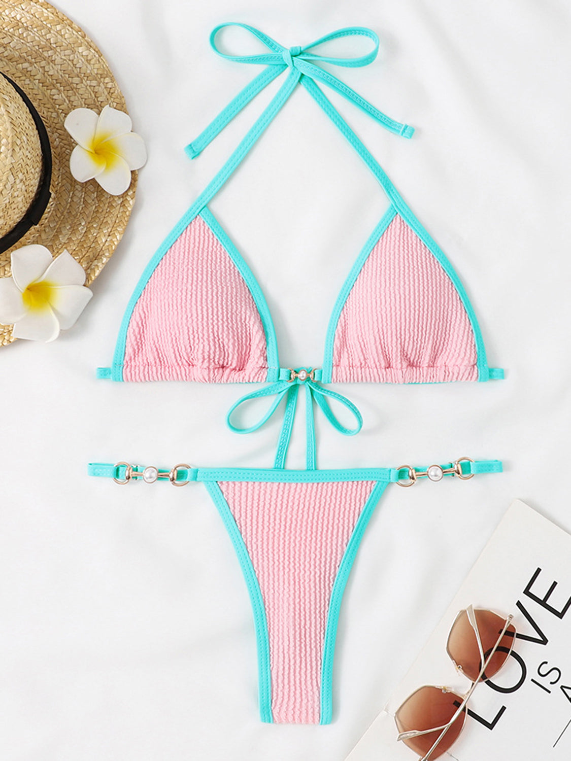 Ensemble de bikini deux pièces à col licou contrasté texturé