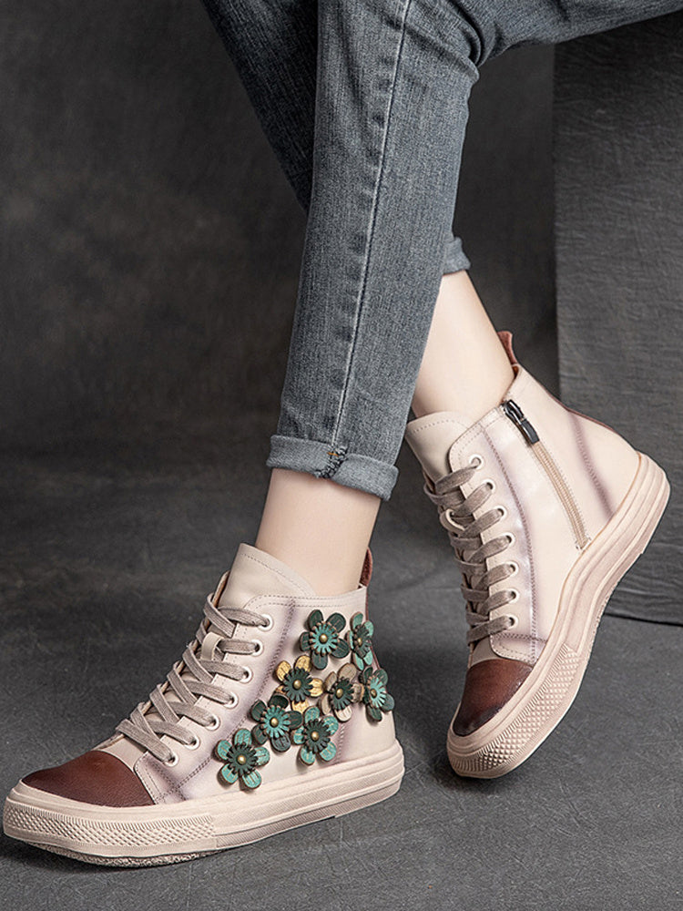 Women's Contrast Flower Square Head High-top Shoes