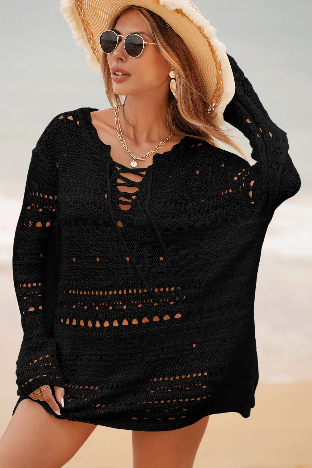 White Lace Up V Neck Hollow Out Knitted Long Sleeve Cover Up