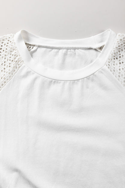 White Pointelle Lace Half Sleeve Crew Neck Tee