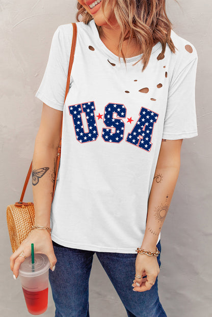 White Star USA Graphic Ripped Detail T Shirt