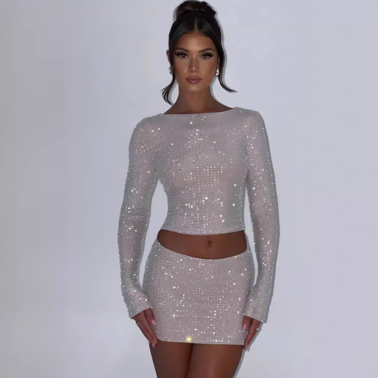 Long Sleeve Top Rhinestone Tight Mini Skirt Suit