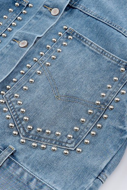 Veste en jean à poches cloutées et rivets bleu ciel