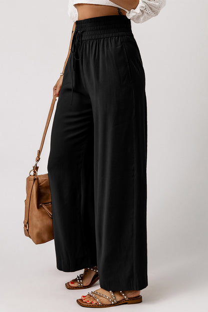 Black Drawstring Elastic Waist Casual Wide Leg Pants