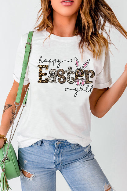 Camiseta con gráfico de conejito de Pascua feliz de leopardo blanco