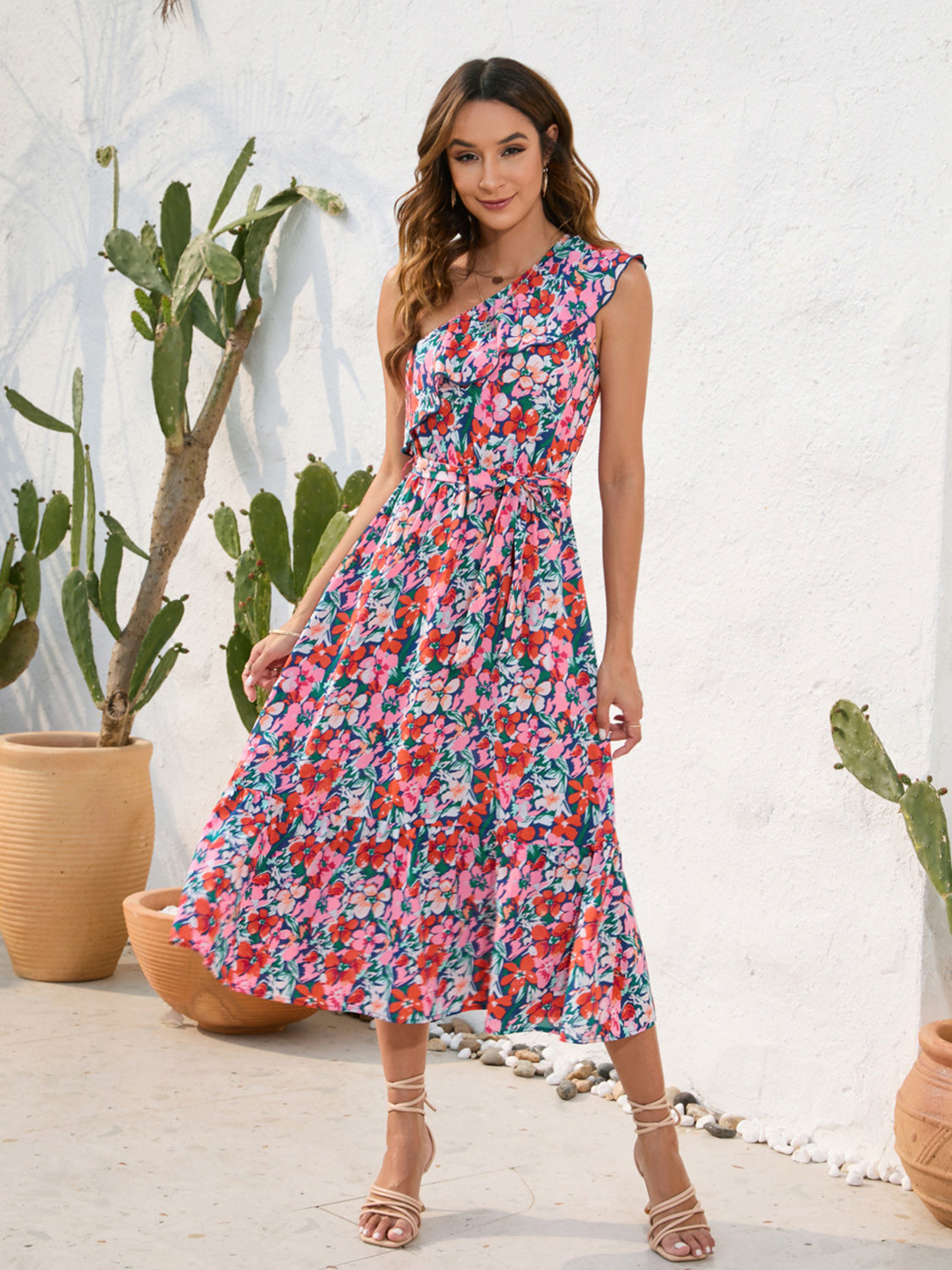 Ruffled Printed One Shoulder Midi Dress