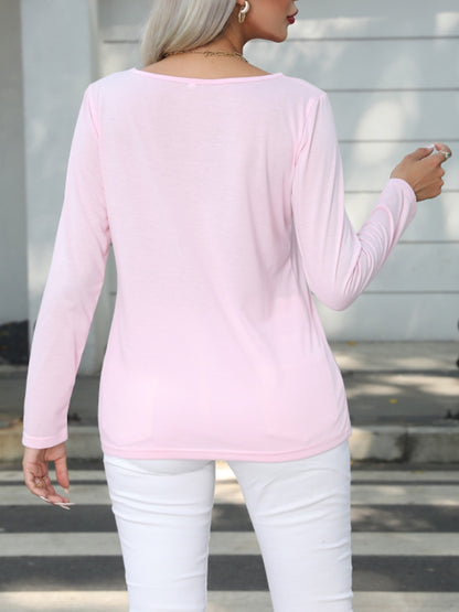 Decorative Button Round Neck Long Sleeve T-Shirt