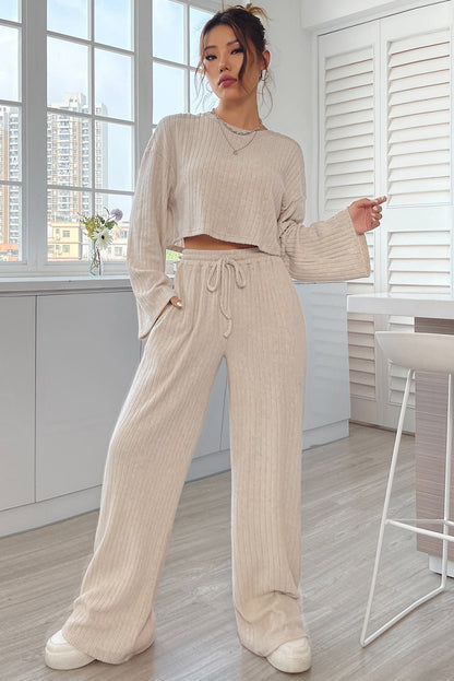 Khaki Ribbed Long Sleeve Crop Top & Drawstring Pants Set