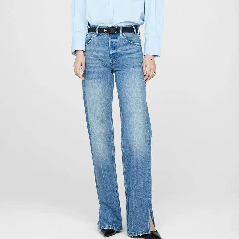 Jean droit femme taille moyenne bleu nordique avec patte de boutonnage