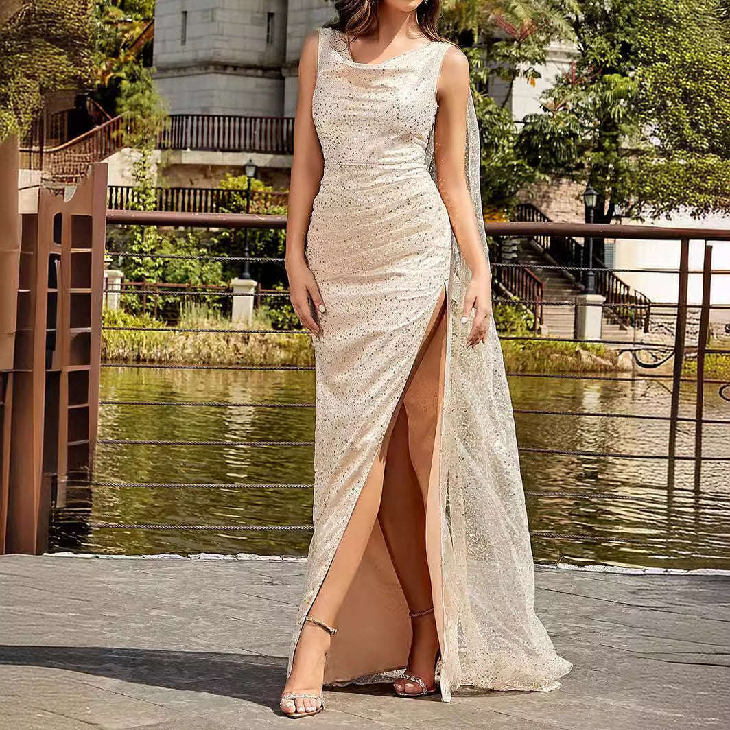 Apricot Mesh Sleeveless Strap Cloak Sequined Long Dress