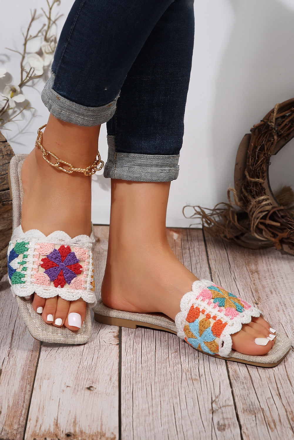 White Crochet Square Toe Flat Slippers