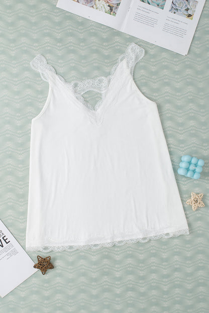 White Delicate Lace Trim Flared Tank Top