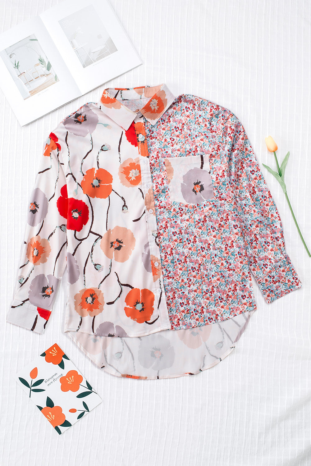 Chemise boutonnée en patchwork avec poches florales bohème rouge