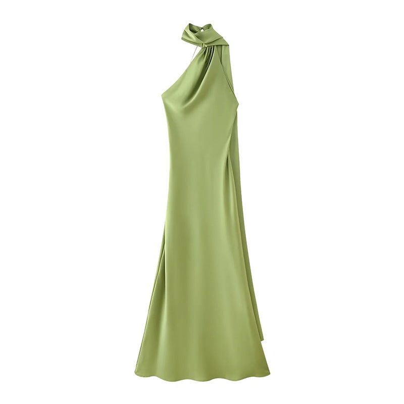 Fashion Solid Color Silk Satin Texture Ribbon Halter Dress