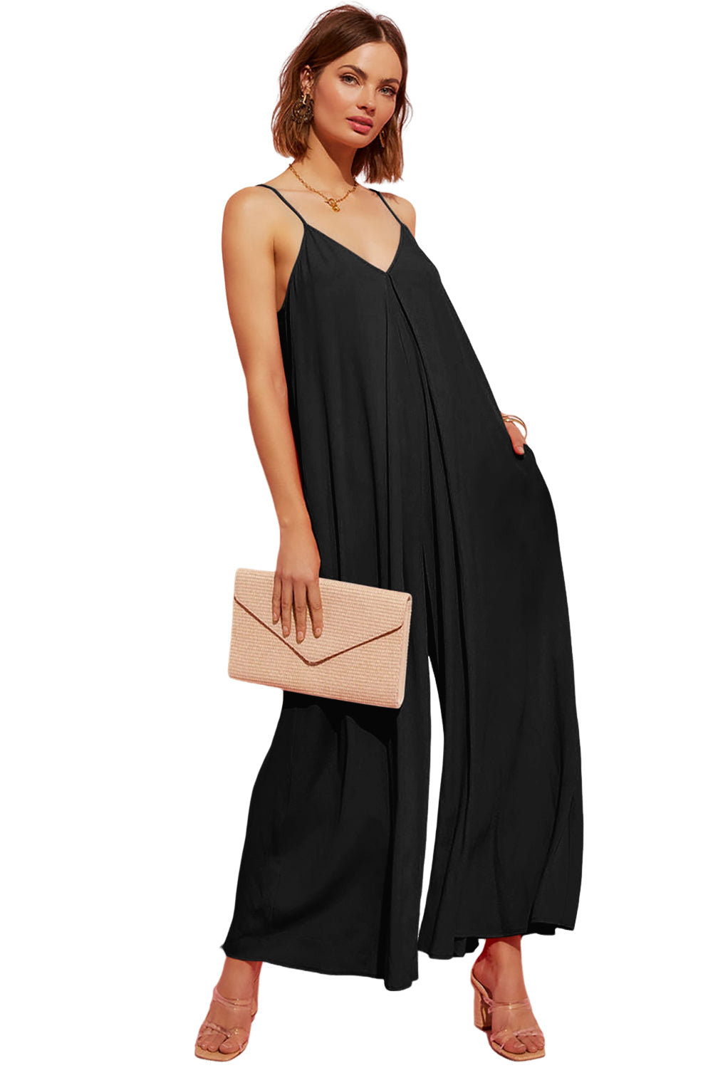 Black Spaghetti Straps Backless Wide Leg Jumpsuit