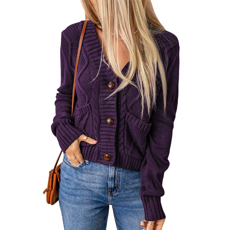 Summer Solid Color Knitted Cardigan Pocket Button Texture Long Sleeve