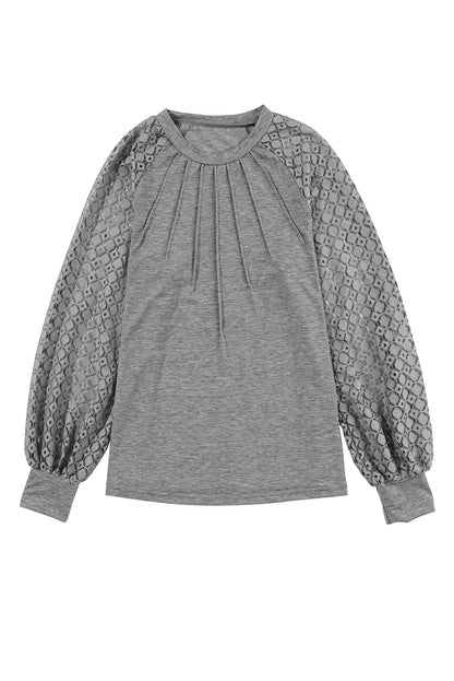 Gray Contrast Lace Raglan Sleeve Plicated Knit Top