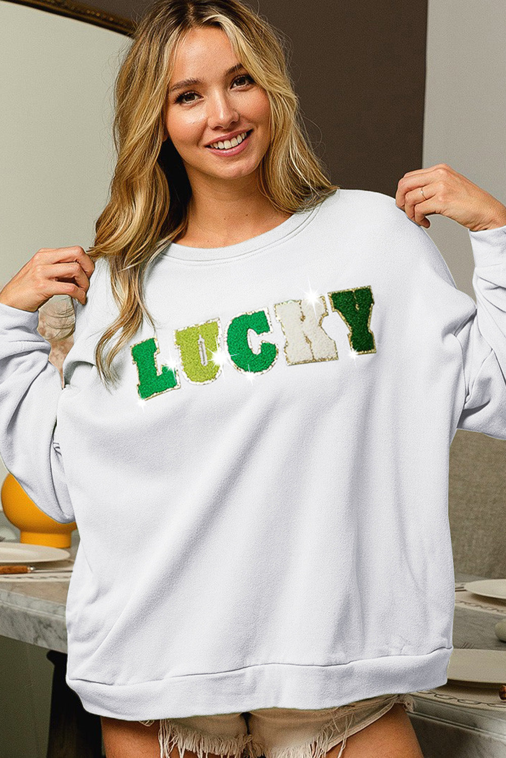 White Lucky Letter Embroidered Pullover Graphic Sweatshirt