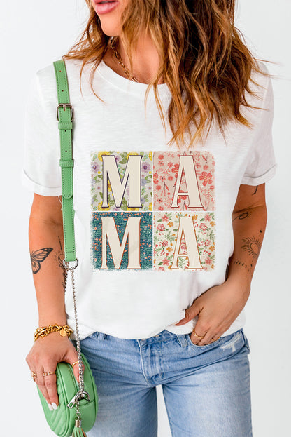 White MAMA Floral Block Graphic Crewneck T Shirt