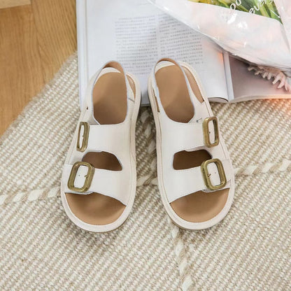 Women's Flat Cool First Layer Cowhide Soft Bottom Belt Buckle Beach Outer Wear Ankle-strap Sandals