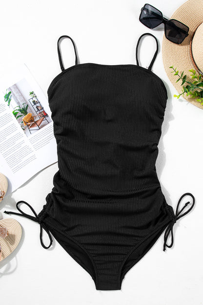 Coffee Side Drawstring Cutout Ribbed One Piece Swimsuit