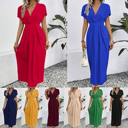 Robe longue de couleur unie, manches à épaules en V profondes, taille élastique pliante