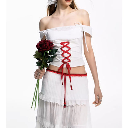 Women's White And Red Strap Off-shoulder Cake Dress Vacation Suit