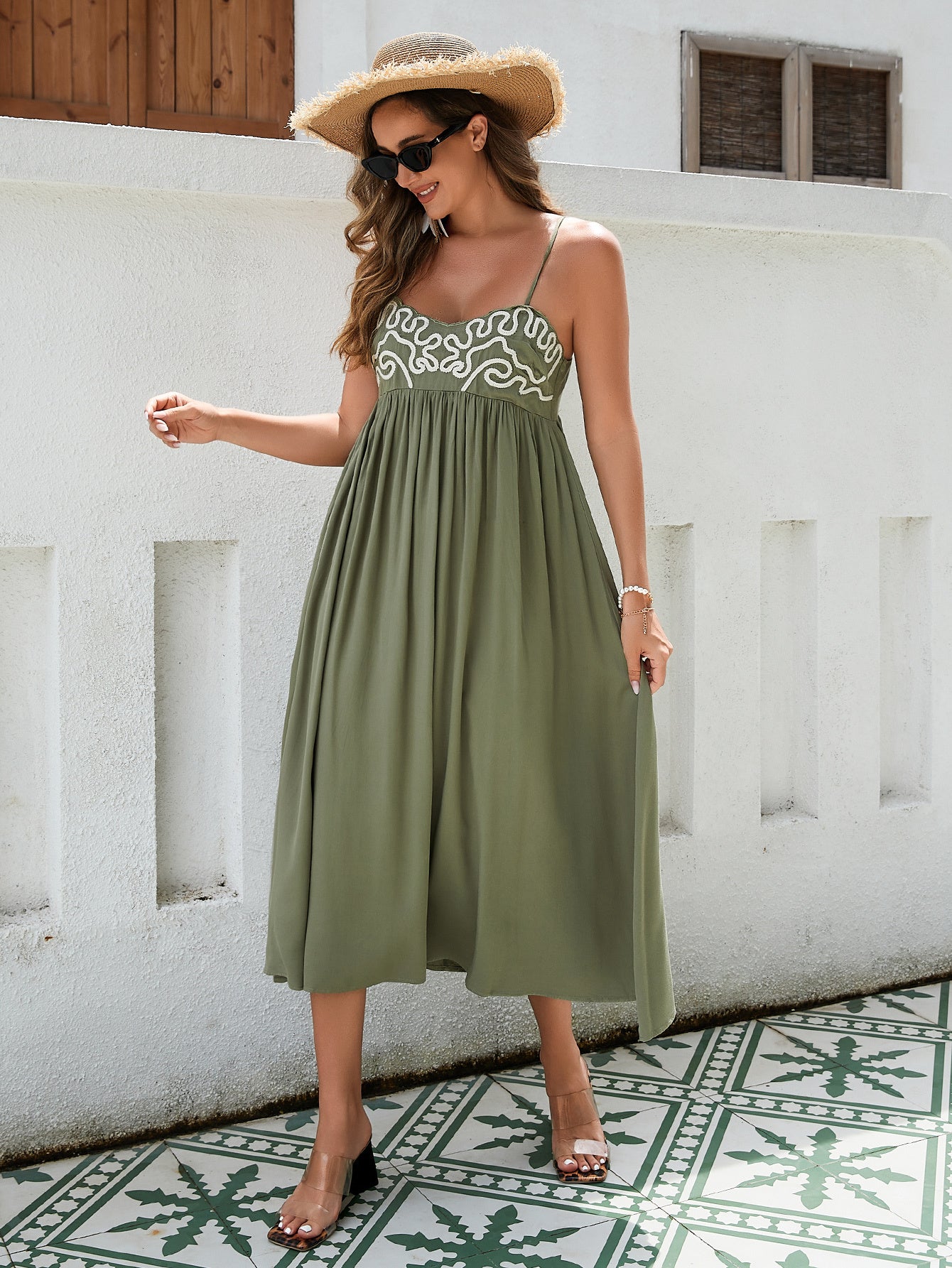 Women's Bohemian Maxi Dress - Breathable Rayon Fabric With Embroidered Bust And Elastic Back, Flowy Skirt In Black, White, And Green