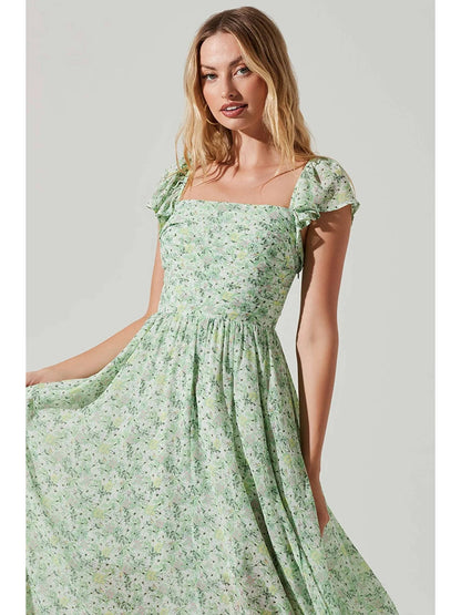 Vestido de longitud media para mujer con temperamento adelgazante y cintura temblorosa verde de moda